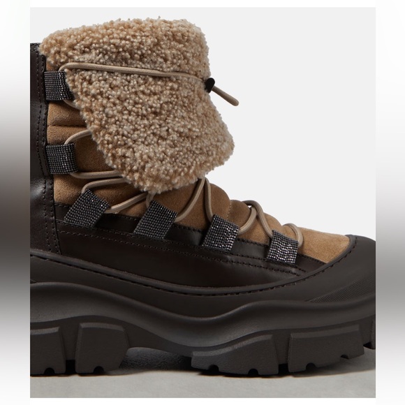 NWB Brunello Cucinelli Women Shearling Insert leather Ankle Boots Made Italy 38 - Picture 11 of 13